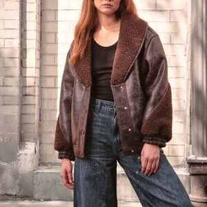 BLANKNYC Bomber in Sweet Talker jacket coat shearling fur brown distressed 90s